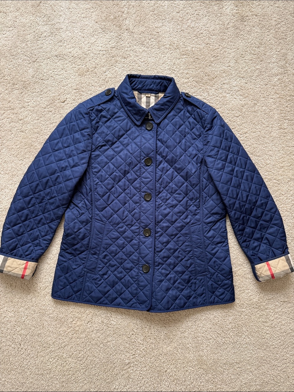 Burberry Diamond Quilted Barn Jacket Women’s XL Navy Blue with Nova Check Lining